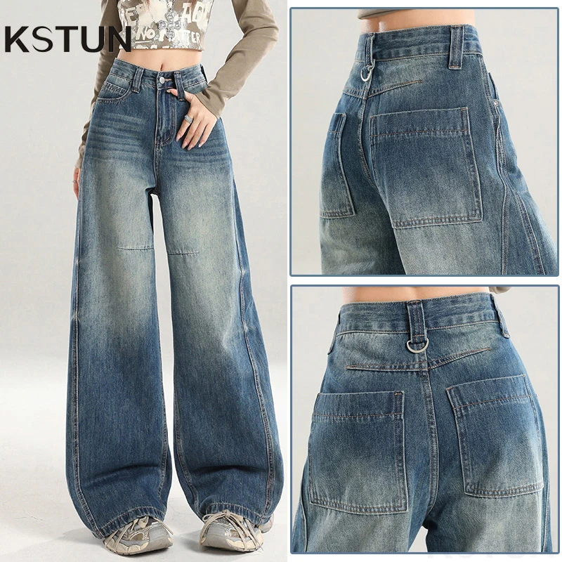 

KSTUN Americian винтажные женские широкие джинсы с высокой талией в стиле пэчворк, свободные джинсовые брюки, уличная одежда, повседневные шикарные женские брюки