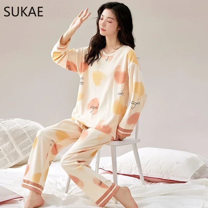 SUKAE New Autumn Winter Women Pajamas Long Sleeve O-neck Sleepwear Faux Cotton Soft Pijamas Leisure Cartoon Girls Homesuits Pjs