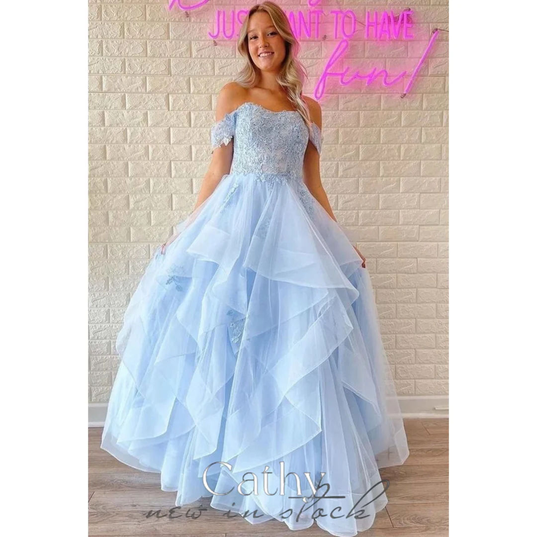 

Cathy Light BlueTulle Prom Dresses Off the Shoulder Lace فساتين السهرة Elegant Sleeveless A-line Edge Curl vestidos verano moda