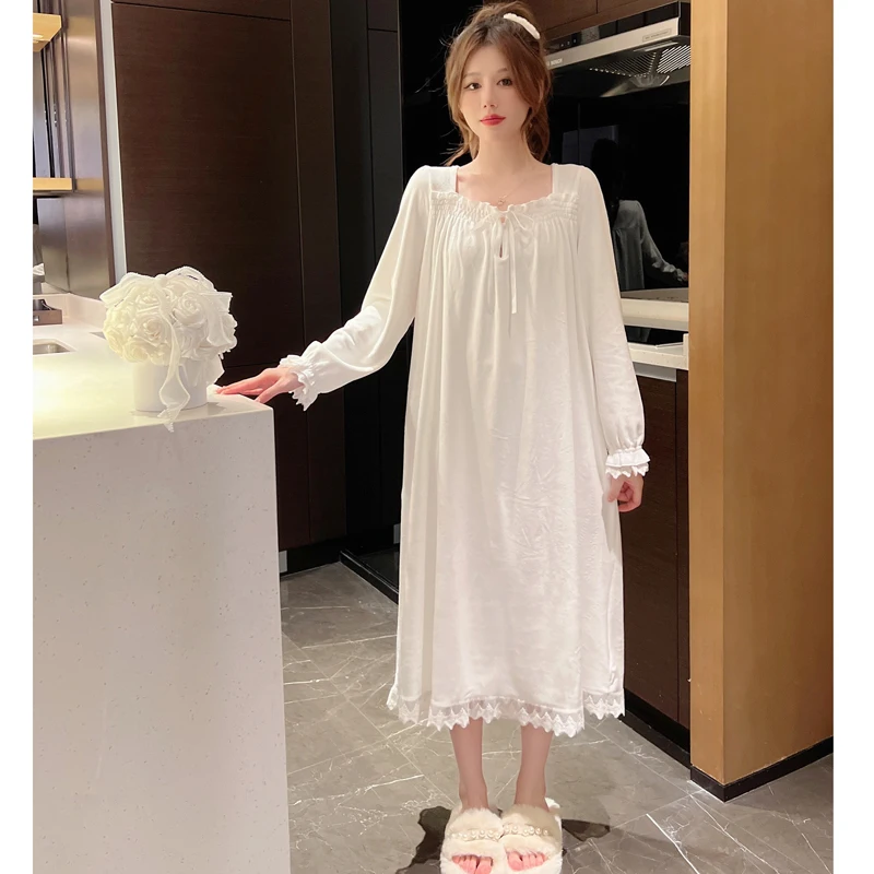 Women\'s Clothing Four Seasons Long-Sleeved Princess  Nightgown Girls Lace Court Style Pajamas Korean Loose Plus Size Homewear