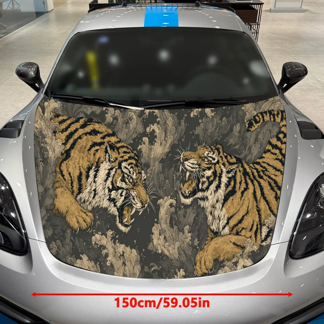 Car Decals A Tiger Pair Design with Textured Pattern Elements in a Neutral, Earth-Toned Textured Background with Artistic, Dynam