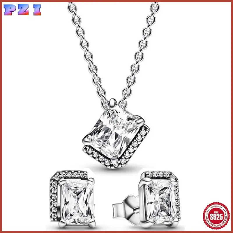 

Authentic 925 Sterling Silver Rectangular Sparkling Halo Earring Necklace With Crystal For Women Jewelry Set Gift