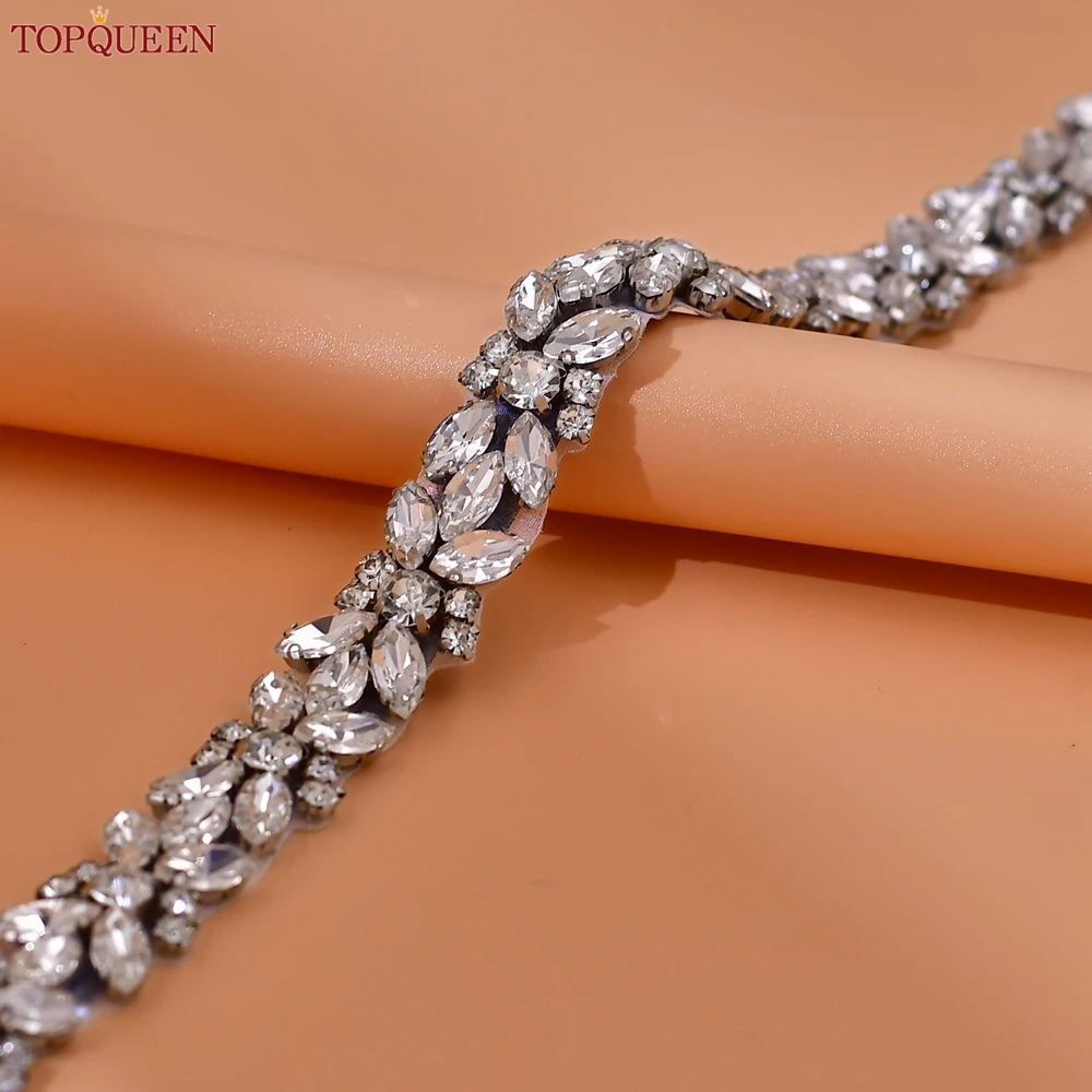 TOPQUEEN Luxury Wedding Belt Silver Rhinestone for Women Dresses Bridal Decoration Thin Ribbon for Bridesmaids Sparkly S16