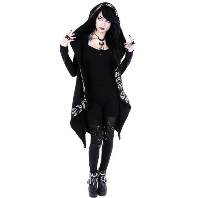 Gothic Punk Long Hoodies Women Sweatshirts 2023 Halloween Moon Print Long Sleeve Streetwear Women\'s Loose Coat Hooded Cardigan