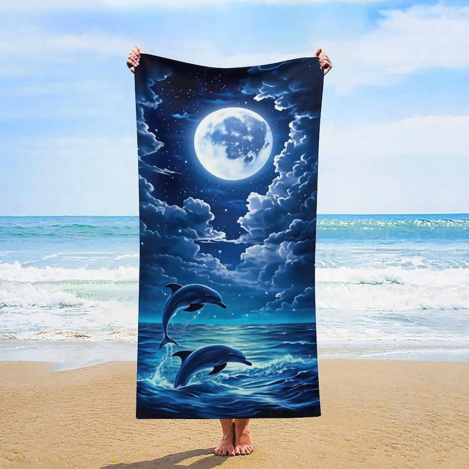 Moon Dolphin Ocean Bath Towel Polyester Print Nautical Tropical Beach Shower Decor Luxury Bathroom Wall Hanging Accent Gift