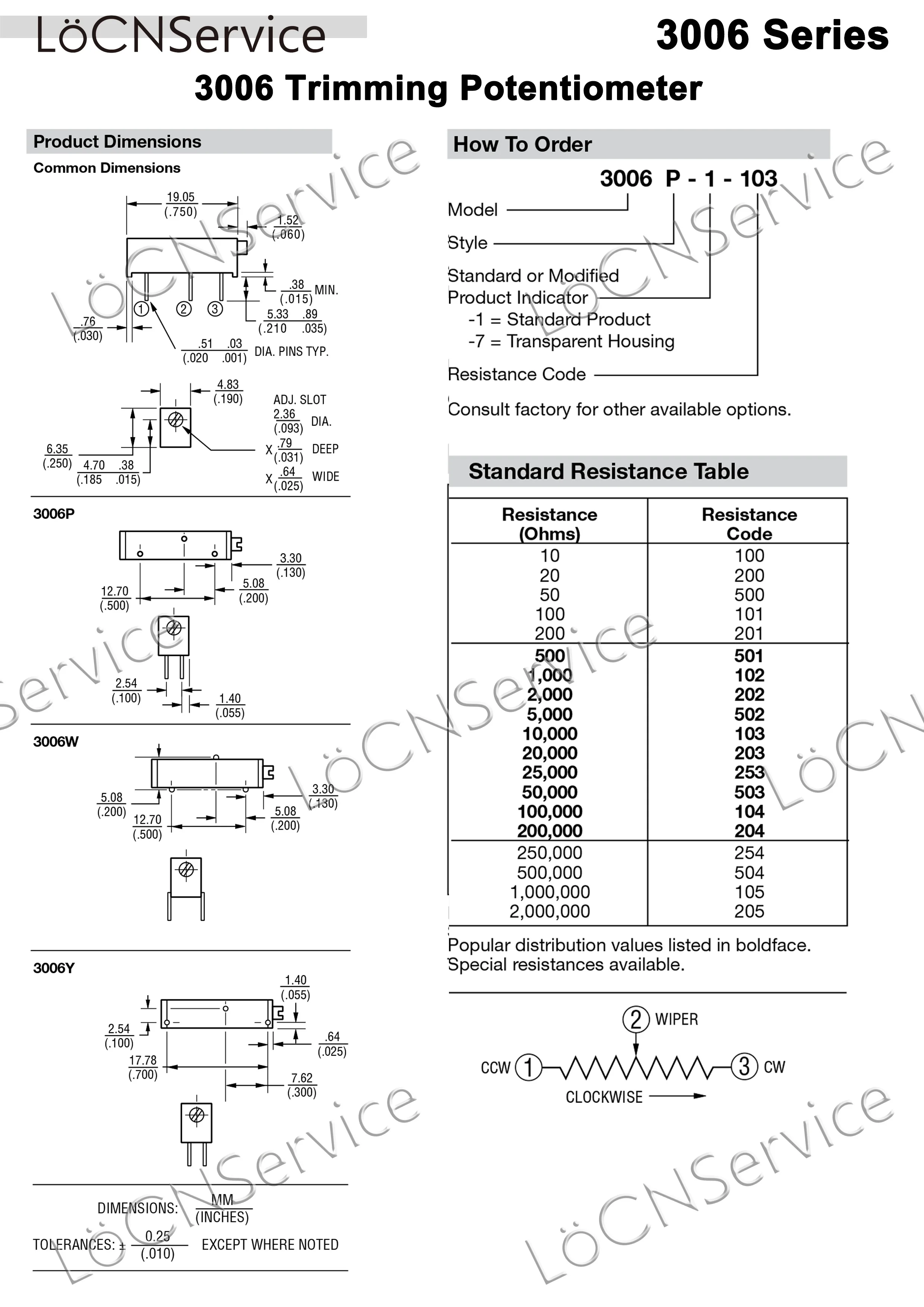 LoCNService 50 шт. 3006P 100K 200K 500K потенциометр обрезки, сделано в Китае, высокое качество 3006P-1-104 3006P-1-204 3006P-1-504