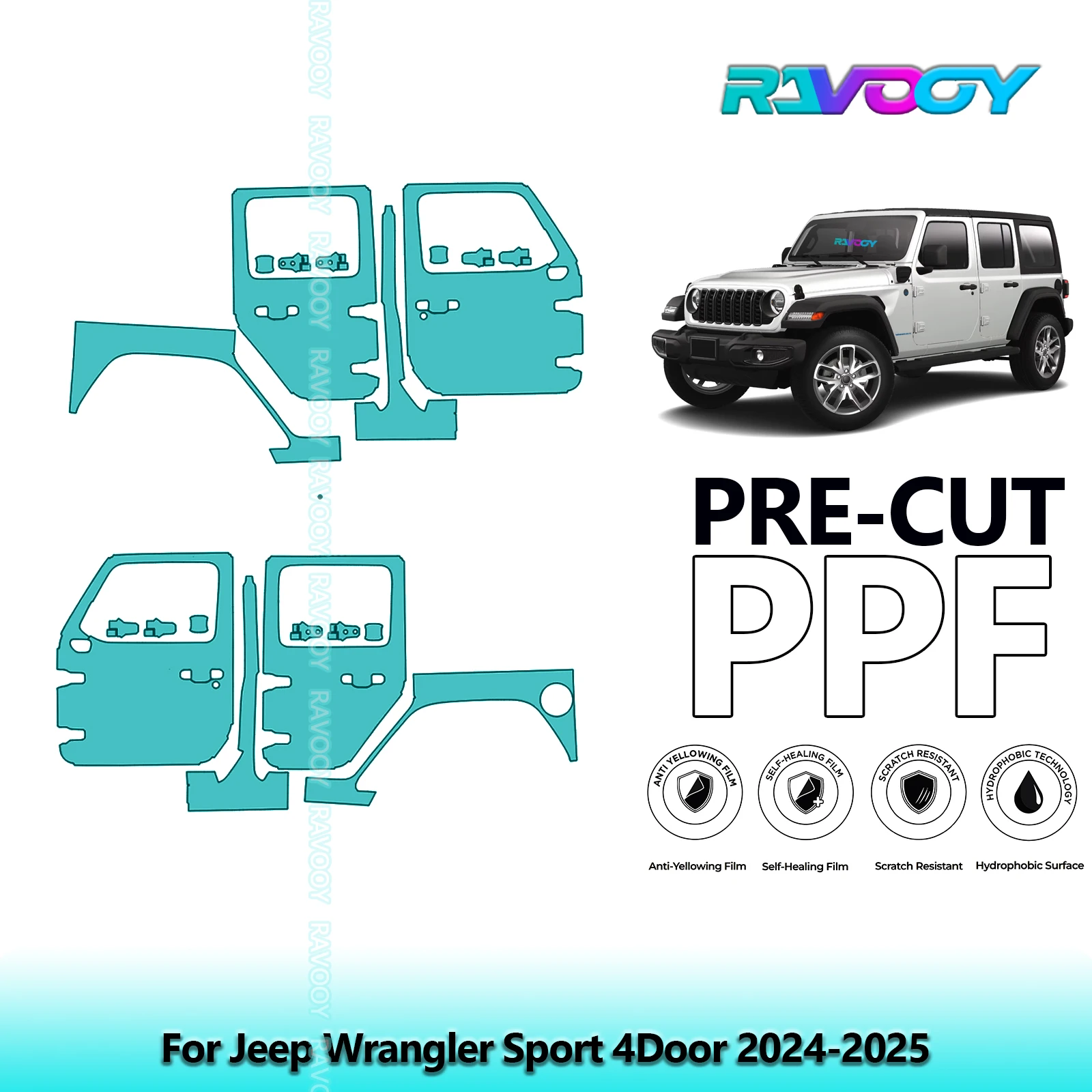 

For Jeep Wrangler Sport 4Door 2024-2025 8.5mil Clear Matte Pre-Cut PPF Door & A/B Pillar Kit TPU Paint Protection Film Set