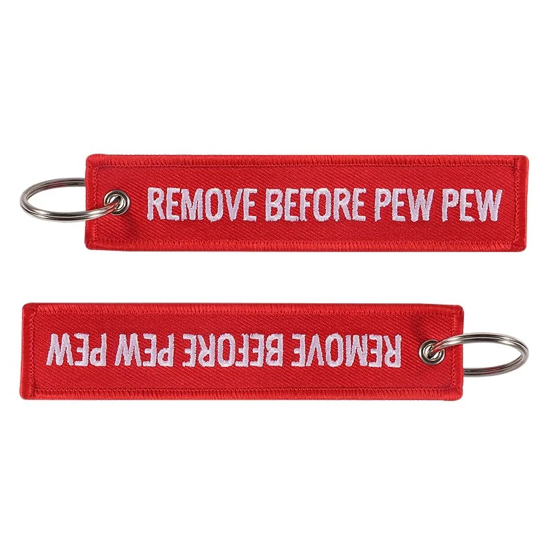 Entfernen Sie vor dem „Pew Pew“-Satz. Schlüsselanhänger für Motorräder und Autos, Rucksack-Schlüsselanhänger, neuer bestickter Schlüsselanhänger. – Detail 2