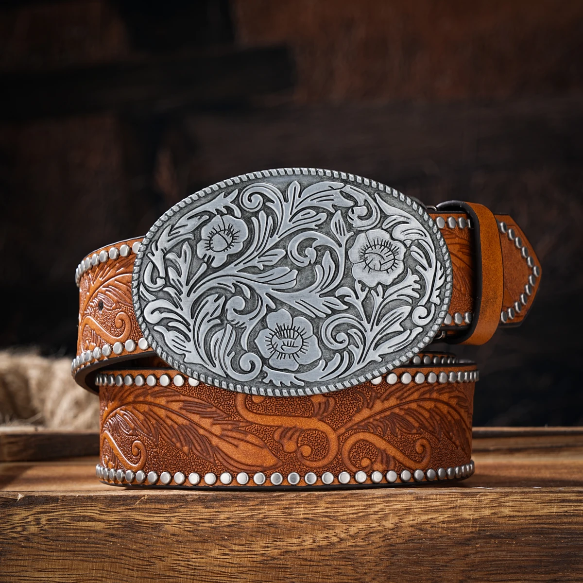 Men & Women-Western-Cowboy-PU Leather-Belts - Vintage Horse Belt Floral Engraved Buckle Belt for Jeans