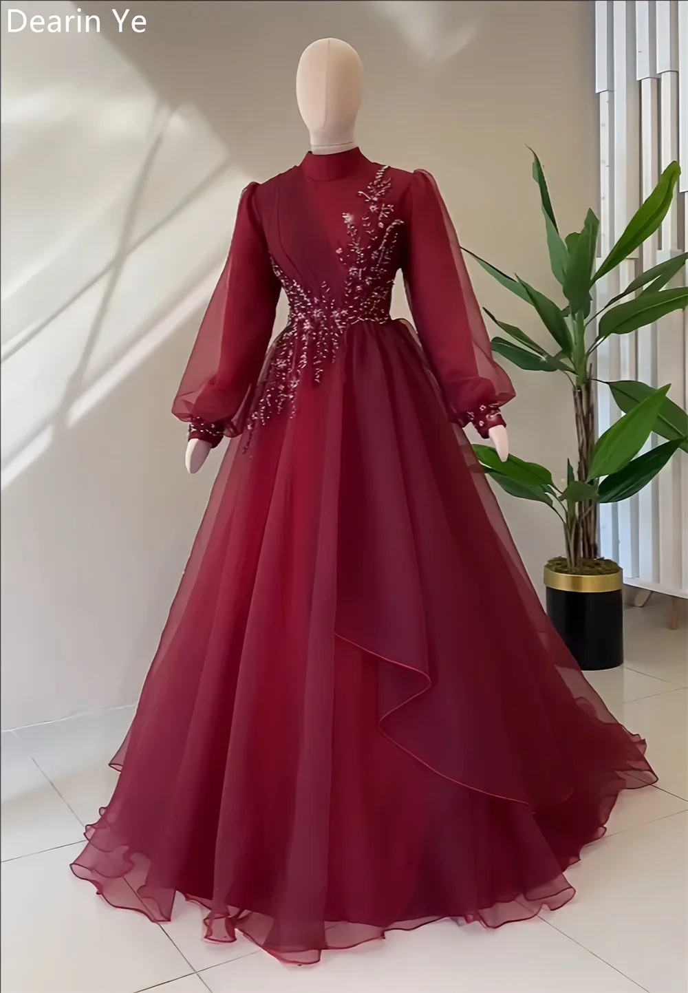 Customized Evening Gown Prom Dearin High Collar A-line Floor Length Skirts Draped Tulle Applique Beading Bespoke Occasion Dresse