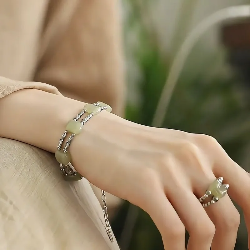 

Vintage New Chinese Style Double Layer Koi Beads and Jade Pendant Women Bracelet Ethnic Elegant Adjustable Meaningful Jewelry