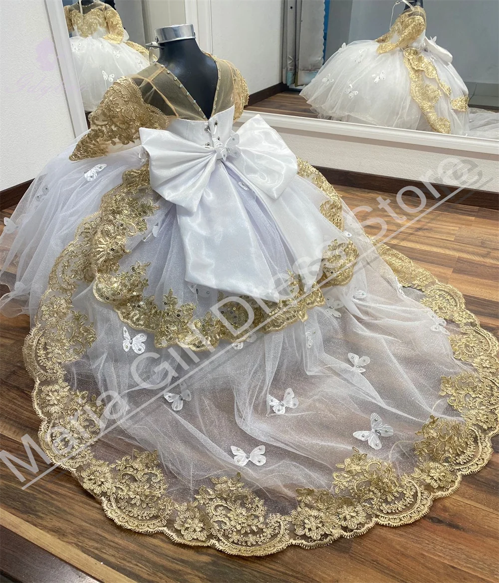 Vestido de niña de flores blanco con esponjoso cuello redondo de media manga para fiestas de cumpleaños de actuaciones de boda infantil