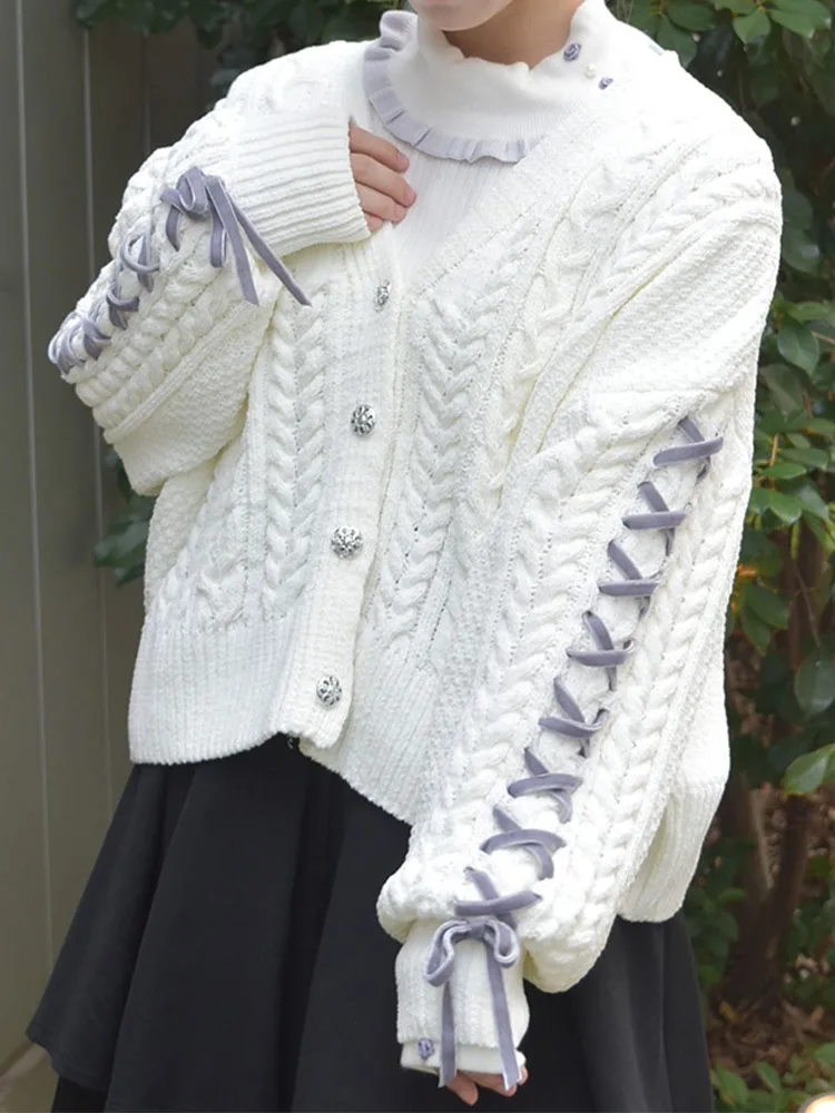 

Sweet Velvet Knitwear with Cross Tie Knot V-Ne Daily Sle for Women Comfortable Long Sve Knitted Cardigan