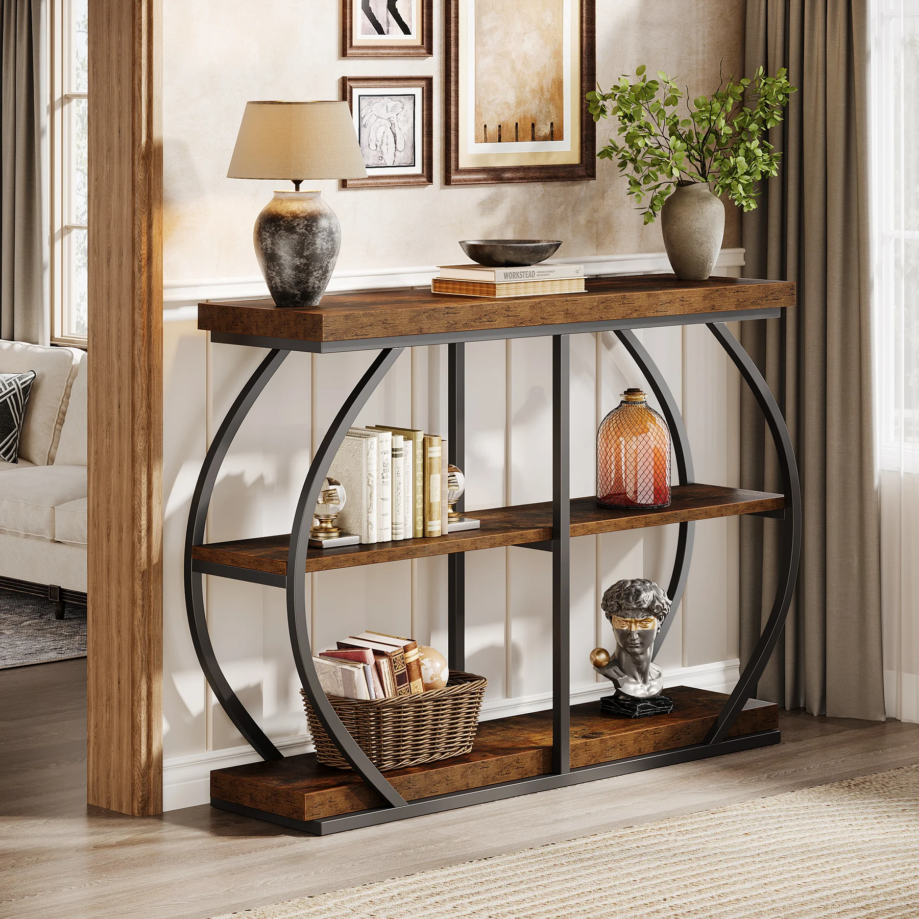 Tribesigns 41.3" Console Table, Industrial 3-Tier Entryway Table with Arched Metal Frame and Storage Shelves for Living Room view 4