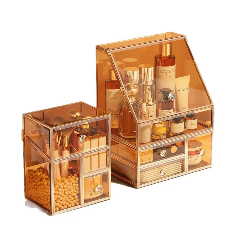 

Cosmetics storage box large capacity glass dustproof desktop dresser skin care products covered