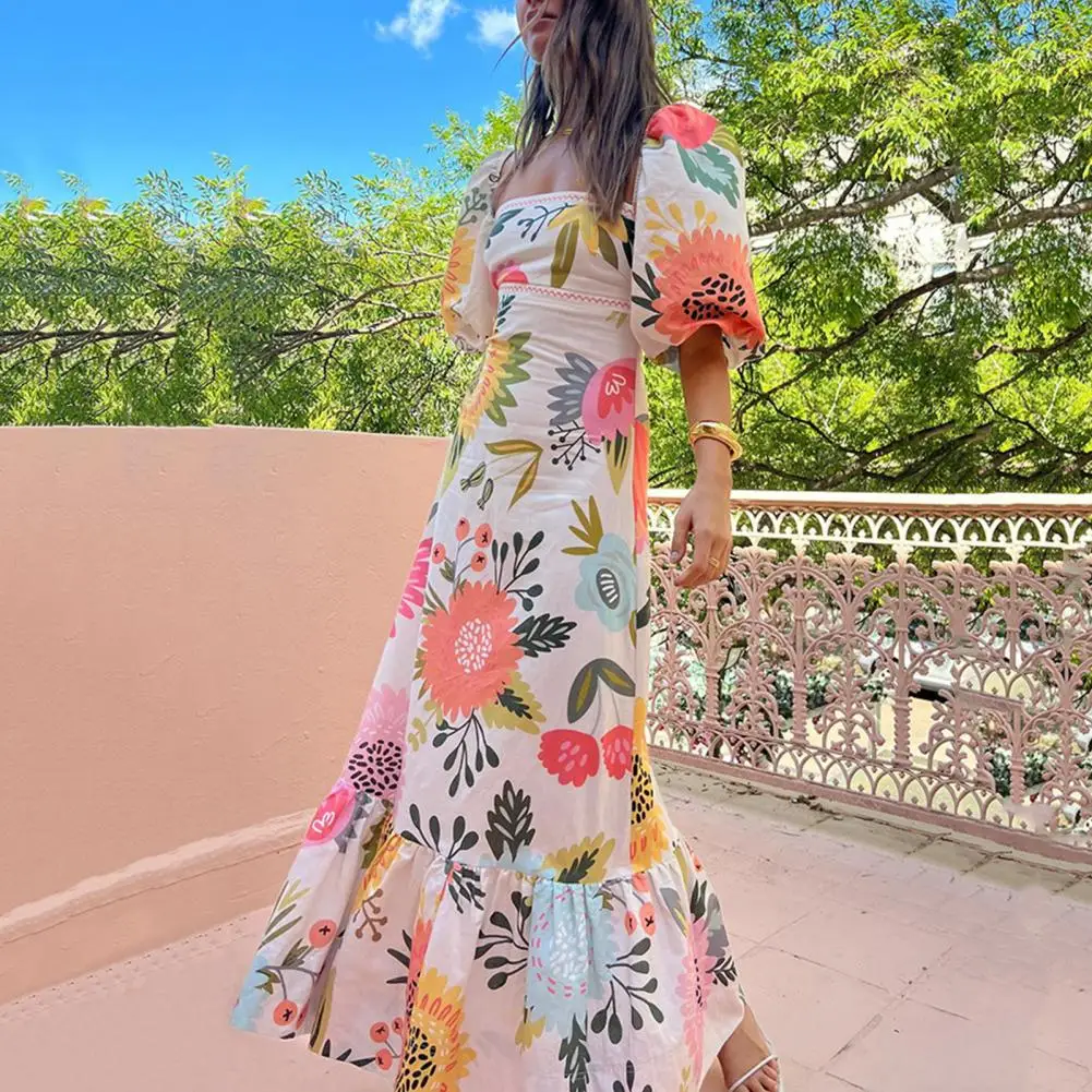 Vestido maxi estampado floral, decote quadrado, mangas de lanterna, silhueta em linha A para férias, baile ou festa, largo, quadrado