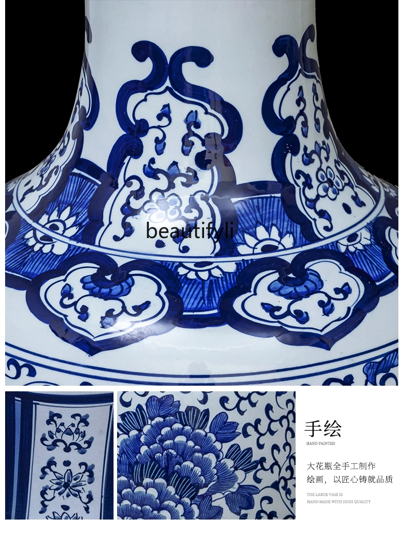 Jingdezhen Ceramic Floor Vase Chinese Hand-Painted Blue and White Porcelain Decoration Company Opening Large Porcelain Bottle