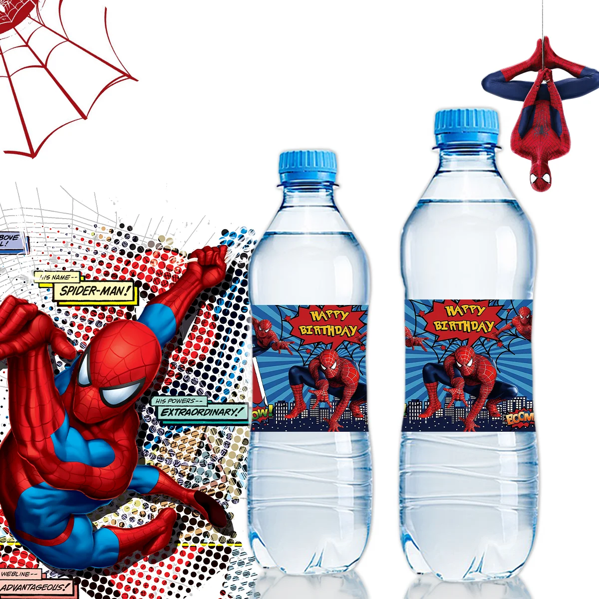 Pegatinas de etiqueta de botella de agua de SpiderMan, decoración de fiesta de cumpleaños, suministro de fiesta de Baby Shower, superhéroe de Los Vengadores, juguete de regalo