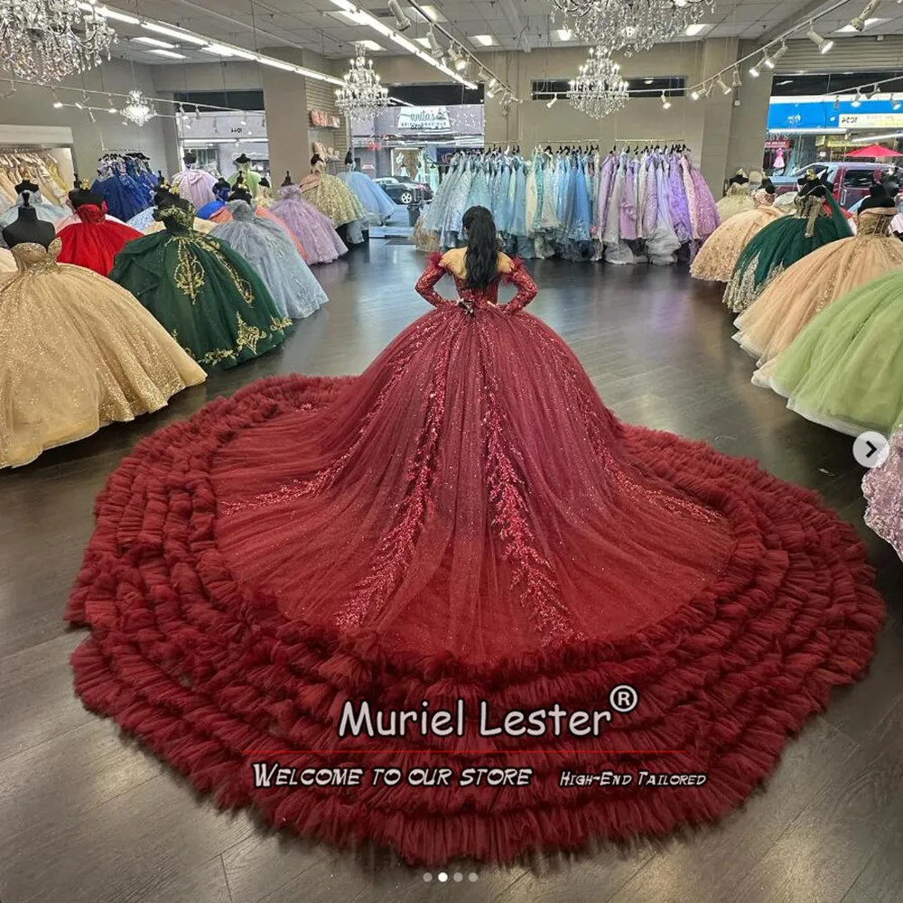 Burgundy Quinceanera Dresses With Long Tiered Train Custom Made Long Sleeves Lace Up Design Sweet 16 Princess  Vestidos De 15