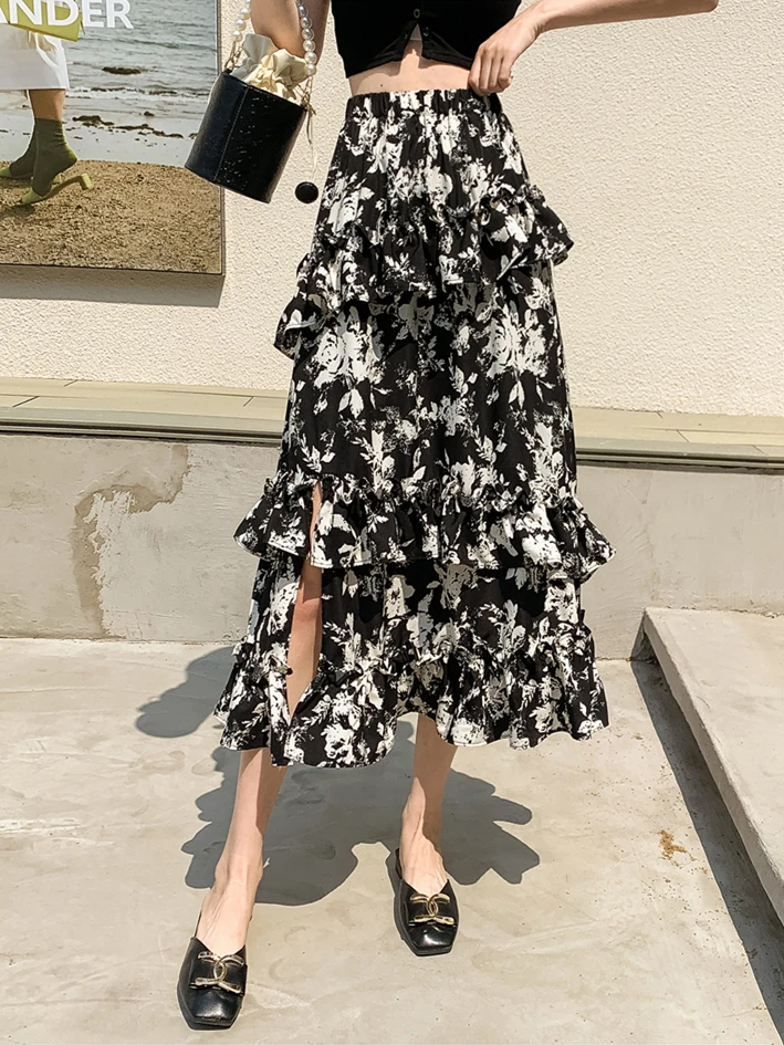 Summer New Chiffon Feminine Medium Length Skirts Hot Selling Vintage Printed Elastic Waist Elegant High Split Chic Thin Vestidos