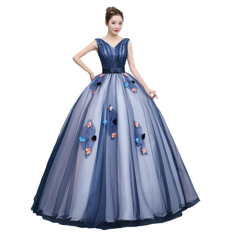 Sexy V-neck Quinceanera Dresses New Dark Blue Tulle Gown Colorful Lace Appliques Elegant Sleeveless Vestido Baile Customized