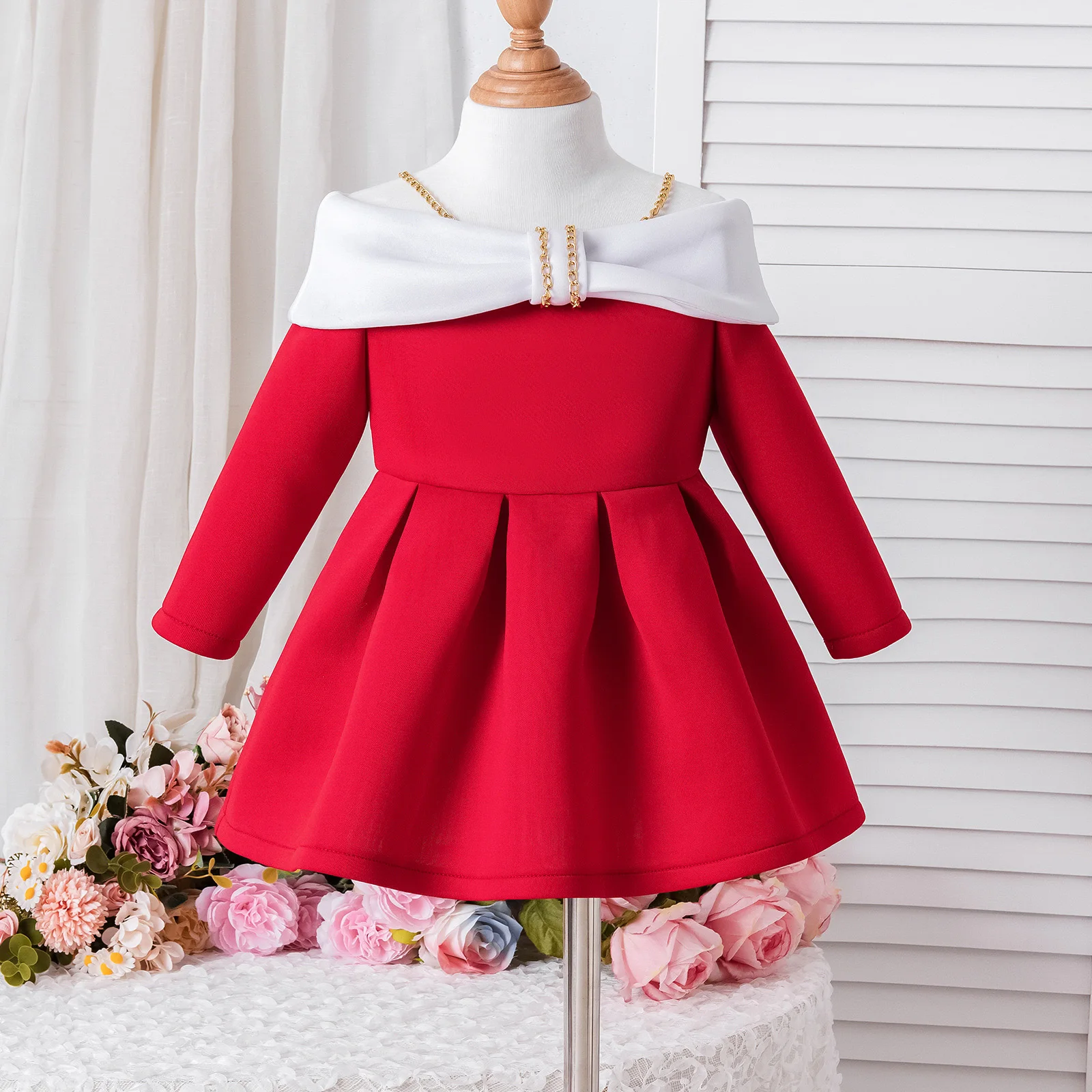 Toddler Baby Girls Princess Party Dresses Off Shoulder Artificial Pearls Big Bow Dress Wedding Birthday Pageant Evening Vestido