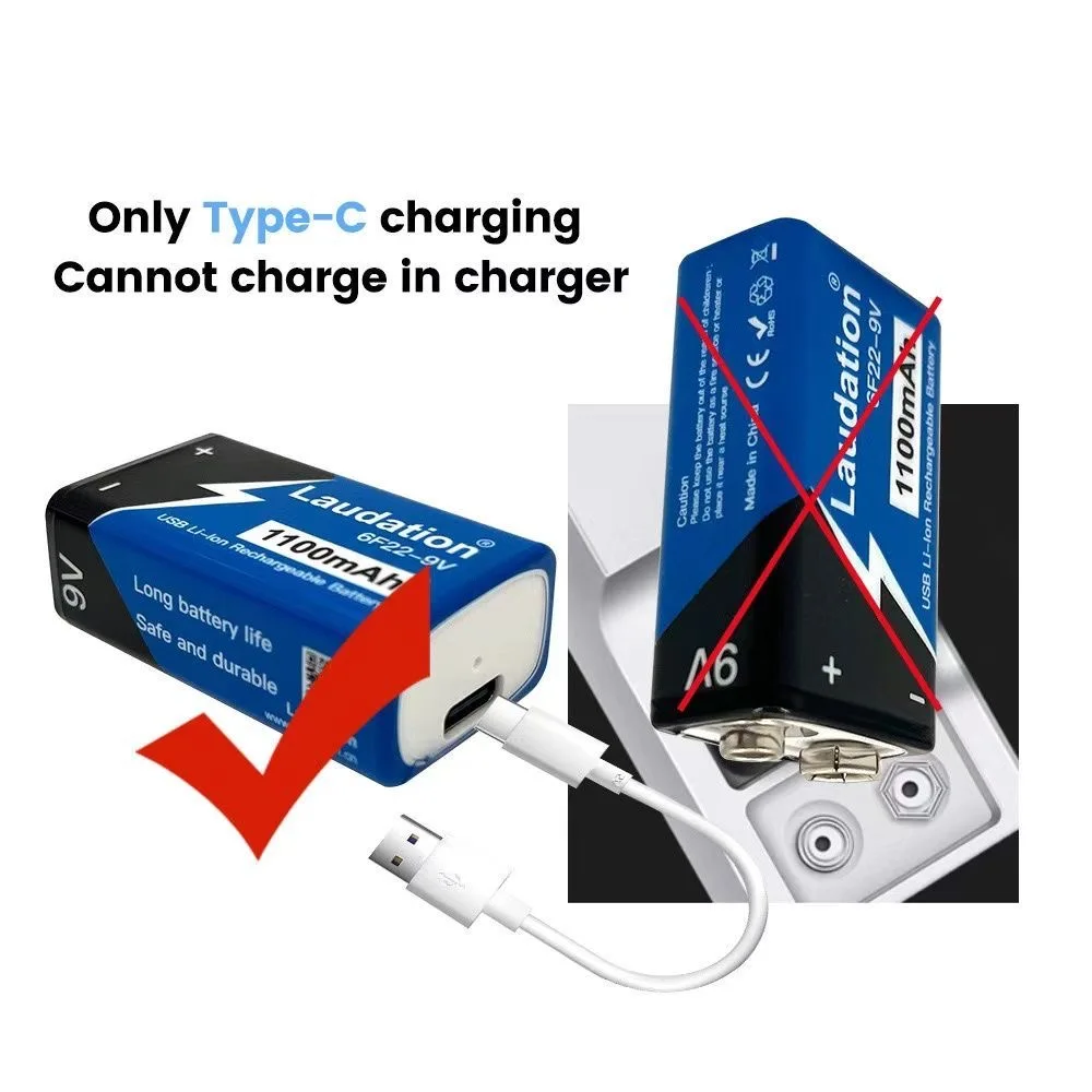 9V 1100mAh Rechargeable Lithium-Ion Battery Type-C 9V Battery for Multimeter Microphone Toy Remote Control KTV Use 6F22