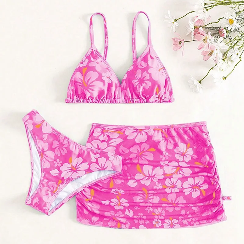 8-12y Children\'S Swimwear Halter Floral Split Girls Swimwear Spa Bikini Print Comfortable Polyester Breathable Beach Swimwear