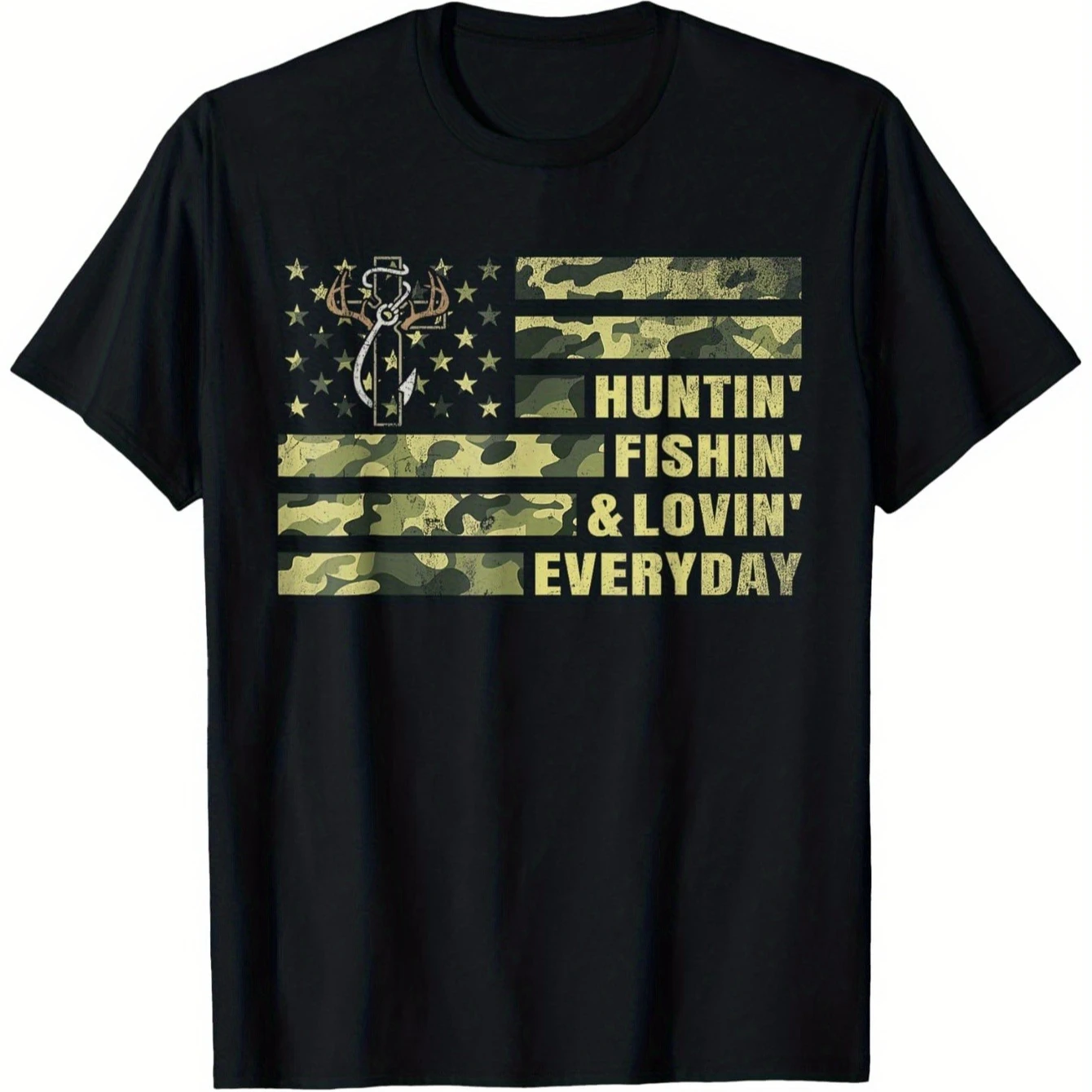 

"Hunting, Fishing & Loving Every Day" Camo American Flag T-Shirt 100% Cotton O-Neck Short Sleeve Summer Casual Mens T-shirt