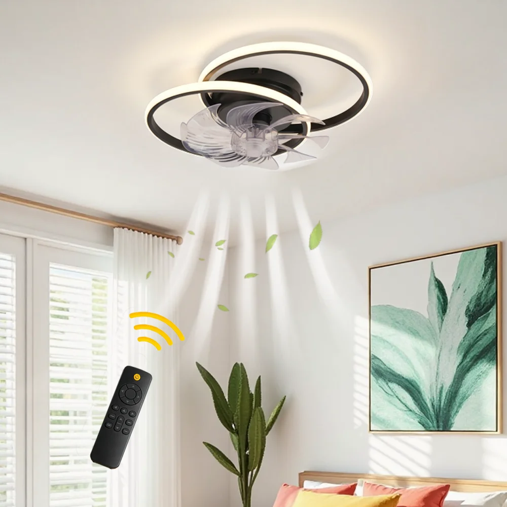2-ring ceiling fan light with 6 fan speed settings, timer function, three light colors, stepless dimming, reverse-rotation motor, and remote control. Suitable for bedrooms, home offices, and above dining tables.