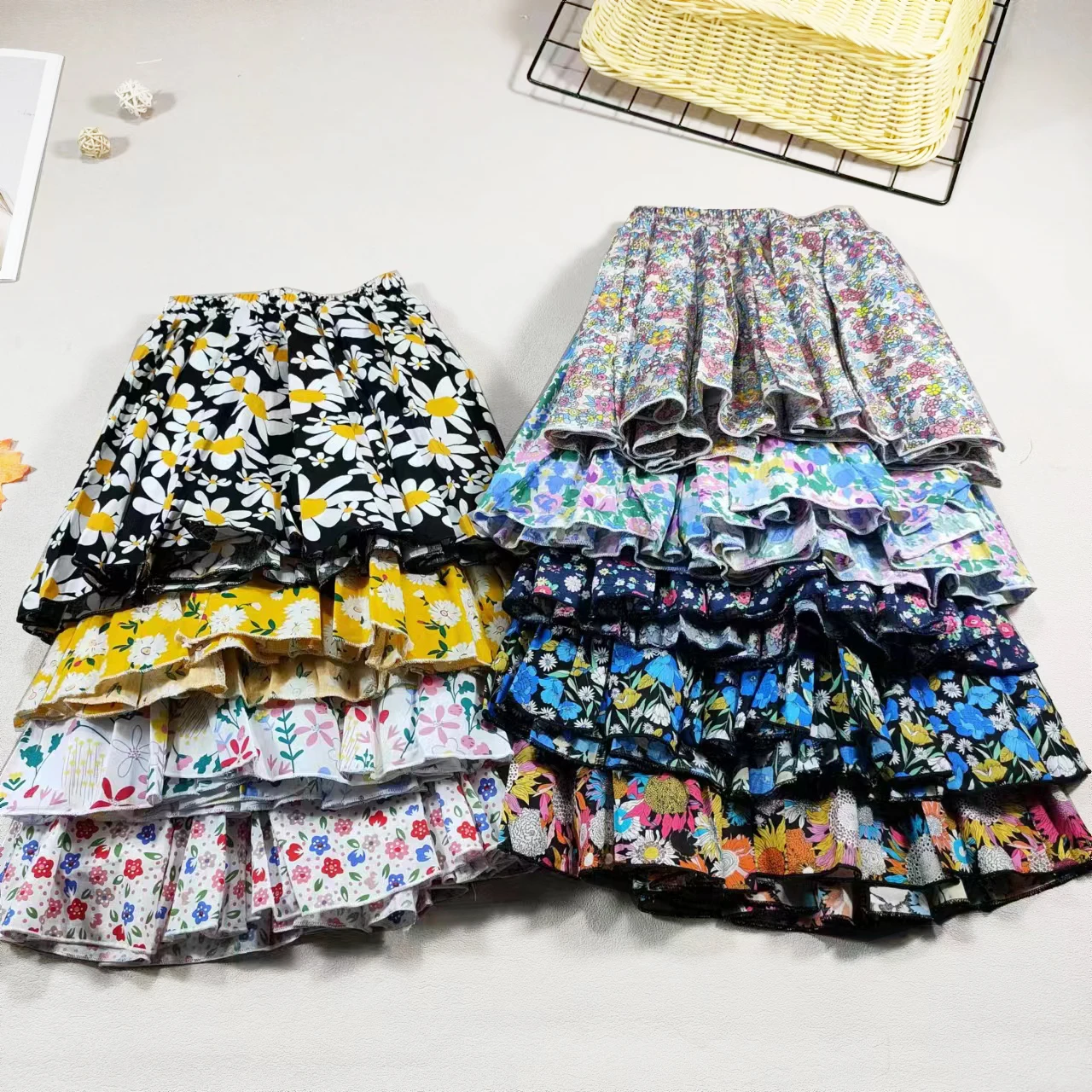 Girl\'s Cotton Floral Princess Hundred Fold Skirt Sweet Big Girl Tutu Skirt Elastic Waist Mini Skirt, Children\'s Skirt