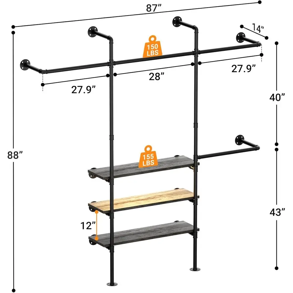 7.25FT Reversible Wall-Mounted Heavy Duty Clothes Rack with LED Lights and Shelves, Grey