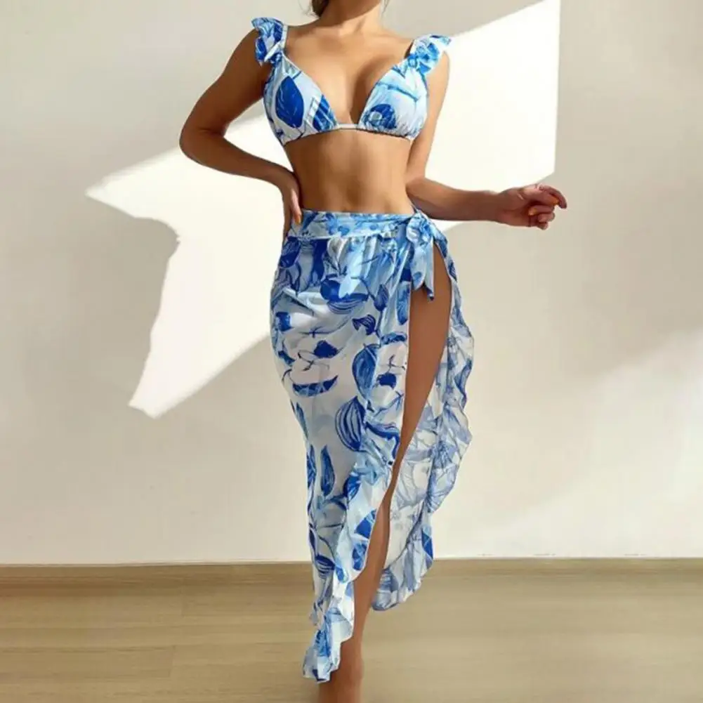 3Pcs/Set Micro Triangle Flying Sleeve Bikini Skirt Set Elastic Waist Floral Printing Bra Thong Ruffle Trim Cover Up for Swimming