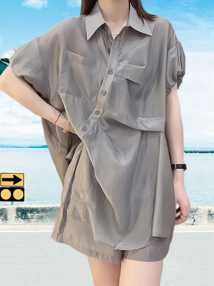 

Fashionable Thin Sun Protection Women's Summer Outfit Set Short Sleeve Chiffon Shirt And Shorts Two-Piece Set for plus Size