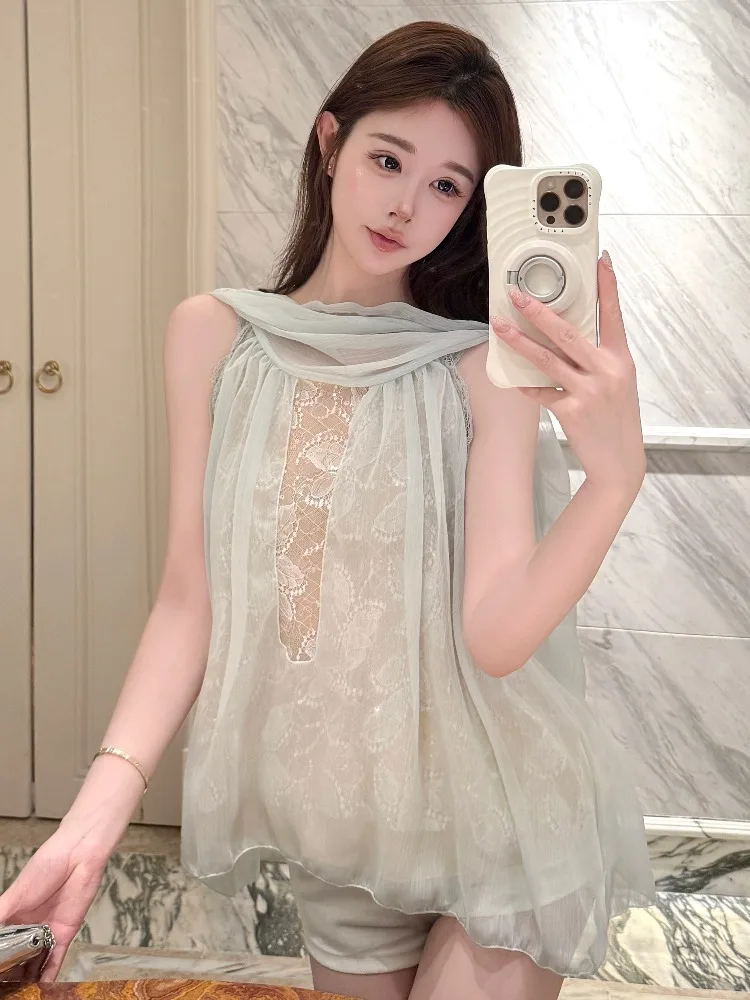 

Loose Lace Trim Sleeveless Vest Women Summer Sweet Tulle Splice Floating Collar Chiffon Top Korean Style Commute Fashion