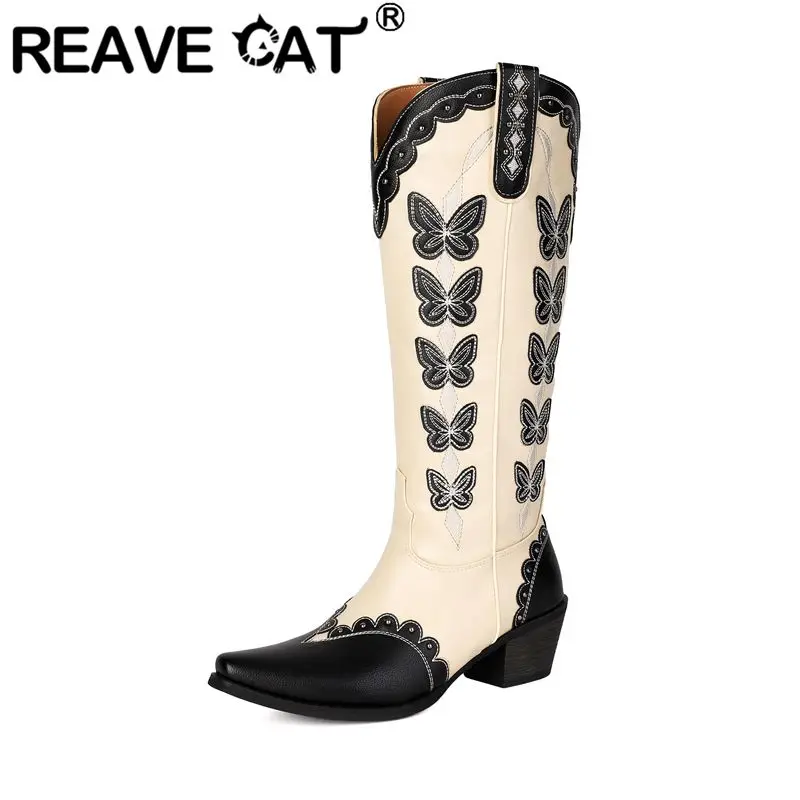 REAVE CAT Red Women Western Boots Square Toe Slip On 5.5cm Block Heel Mixed Color Rivets Embroidery Casual Daily Knee High Botas