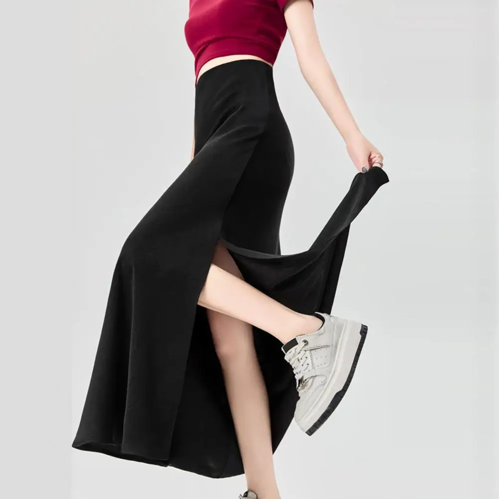 

Women Fishtail Skirt with Slit Design Elastic High Waist Smooth Satin Midi Skirt Solid Color Slim Fit Summer Long Skirt