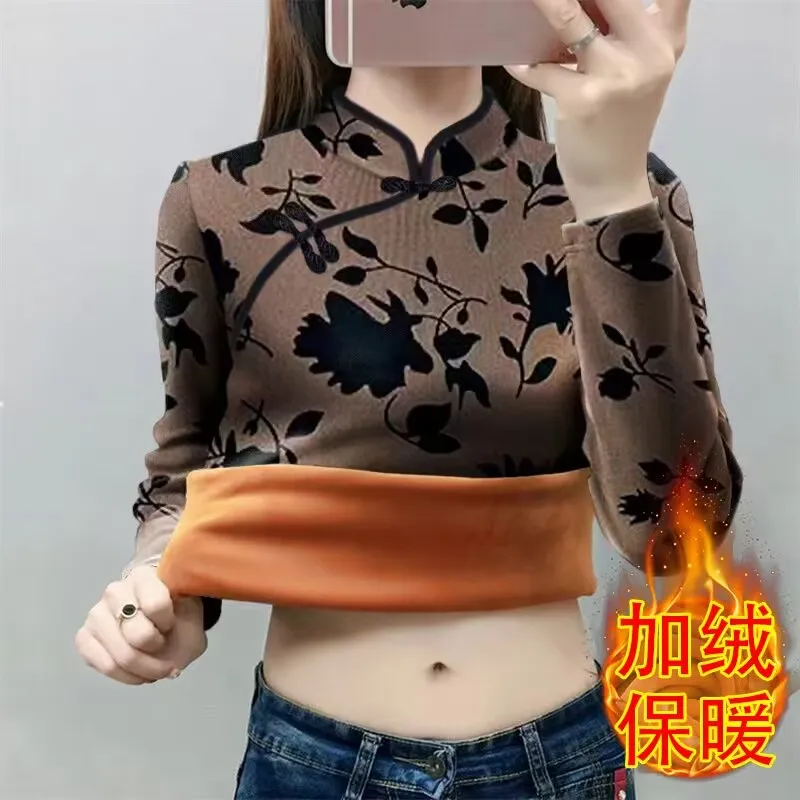 Chinese Style Long Sleeve Fleece T-Shirt 2024 New Women Autumn Winter Cheongsam Collar Thick Base Shirt Female All-match Blouse