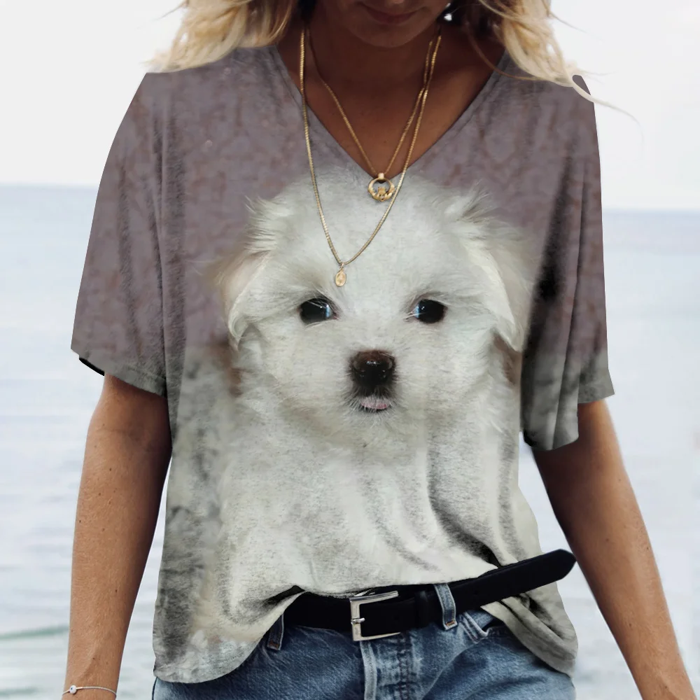 2023 Hot Sale Ladies T Shirt 3D Print Pet Dog Summer Fashion Short Sleeve Tops V Neck Cotton Streetwear Harajuku Casual Pullover