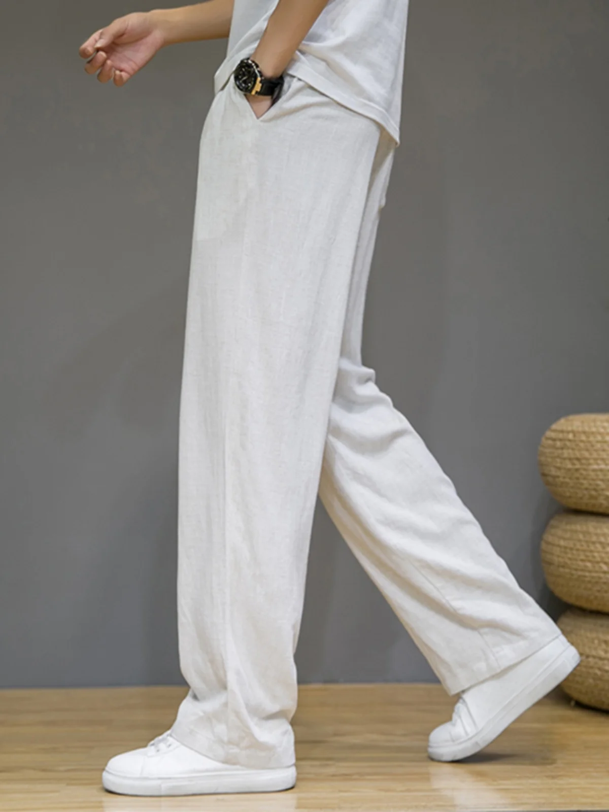 

Белые повседневные свободные льняные хлопковые спортивные брюки для мужчин, летние, модные, брендовые, прямые, в пол, молодежные, Vitali Sle