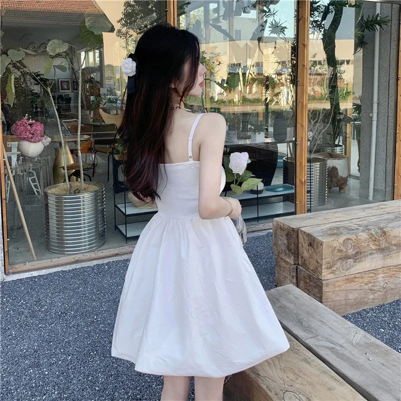 Milk sweet first love slim white dress French style gentle fairy tulle tutu dress women's summer suspender dress for children