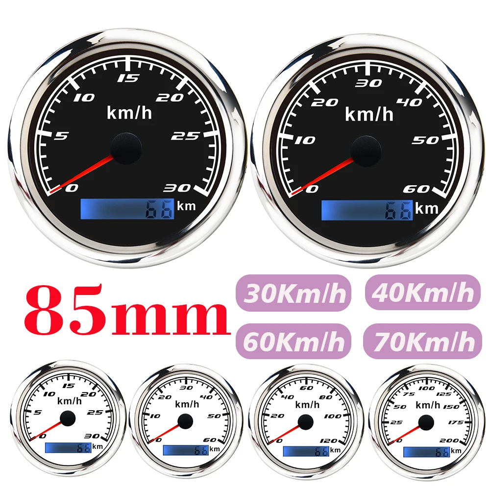 

30km/h 40km/h 120km/h 200km/h Car Boat 85mm Speedometer Gauge 7 Color LED Analog Pulse Speed Meter For Motor Yacht Boat 12V 24V