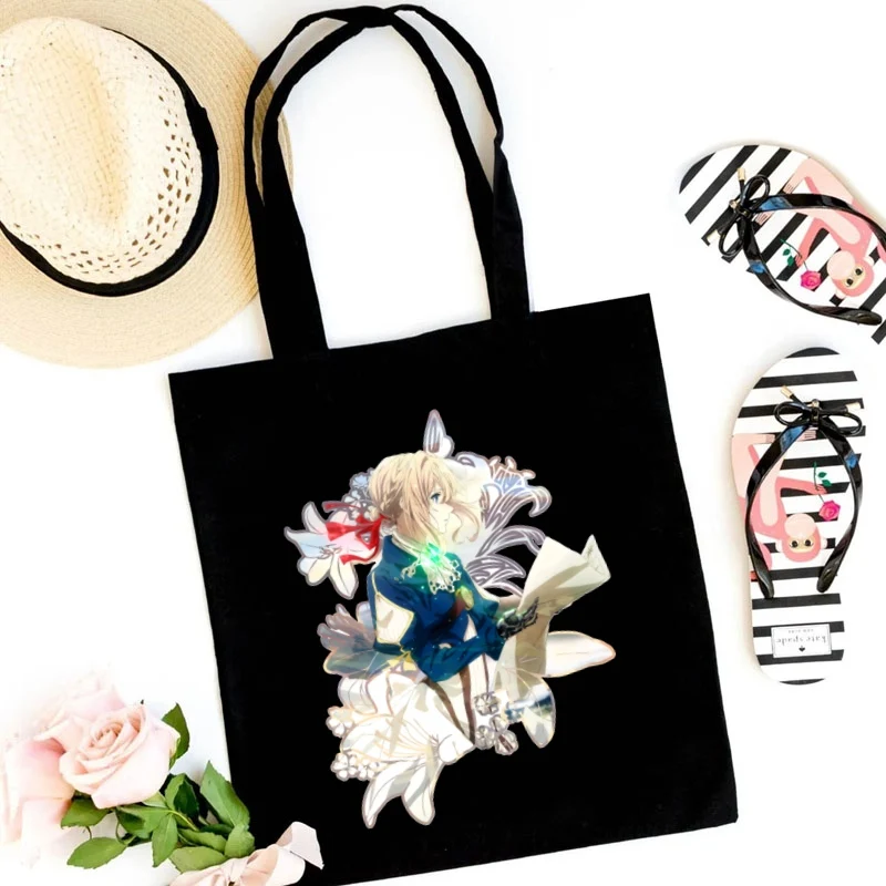 

Японская аниме фиолетовая Evergarden симпатичная холщовая женская сумка-тоут для колледжа с мангой, черная большая Повседневная модная сумка через плечо