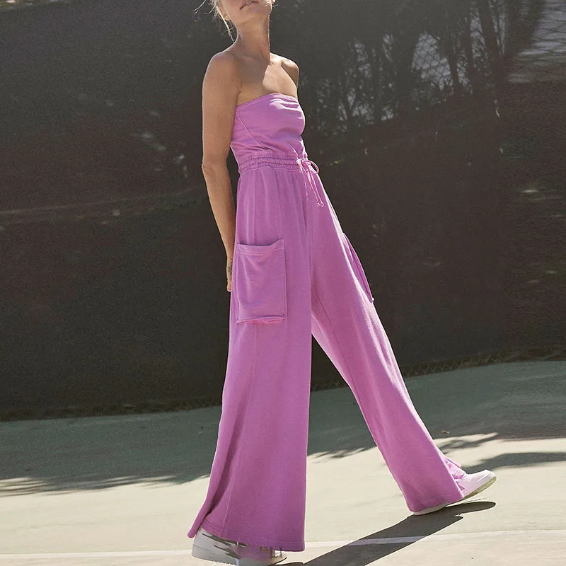 

Sexy Strapless Sleeveless Solid Long Jumpsuit Women Fashion Drawstring Waist Party Romper Elegant Draped Wide Leg Pants Playsuit