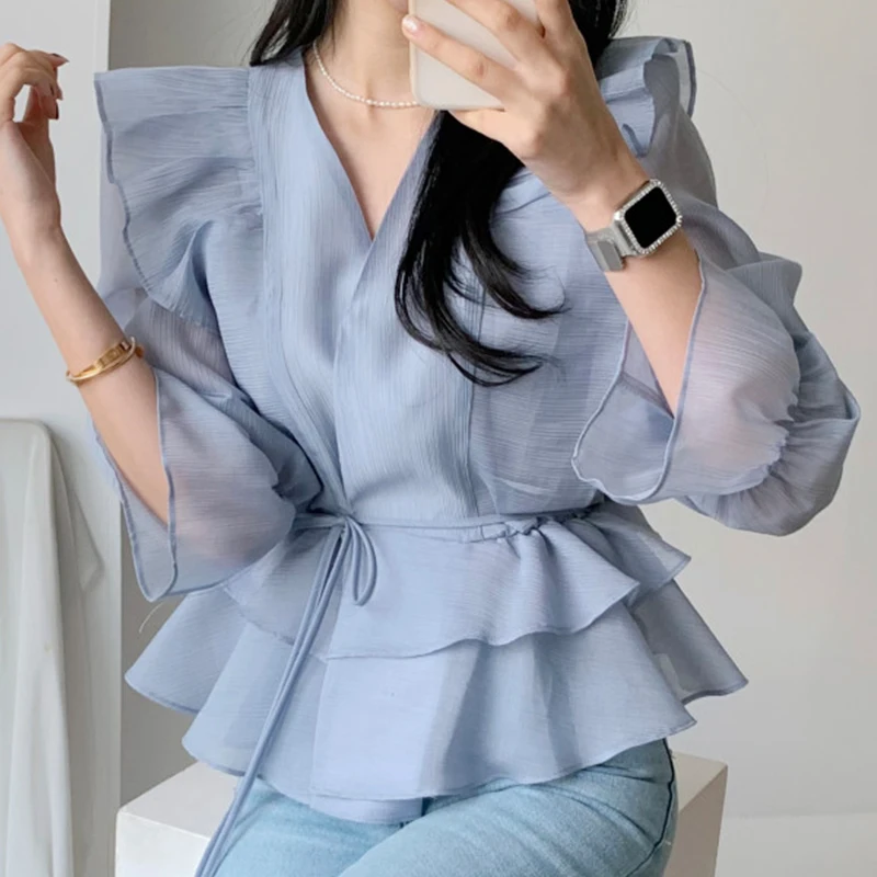 Sweet Ele Cross V-ne Belted Waist Double Layer Puff Sve Sun Protection irt Women's Loose Fit Long Sve Casual irt
