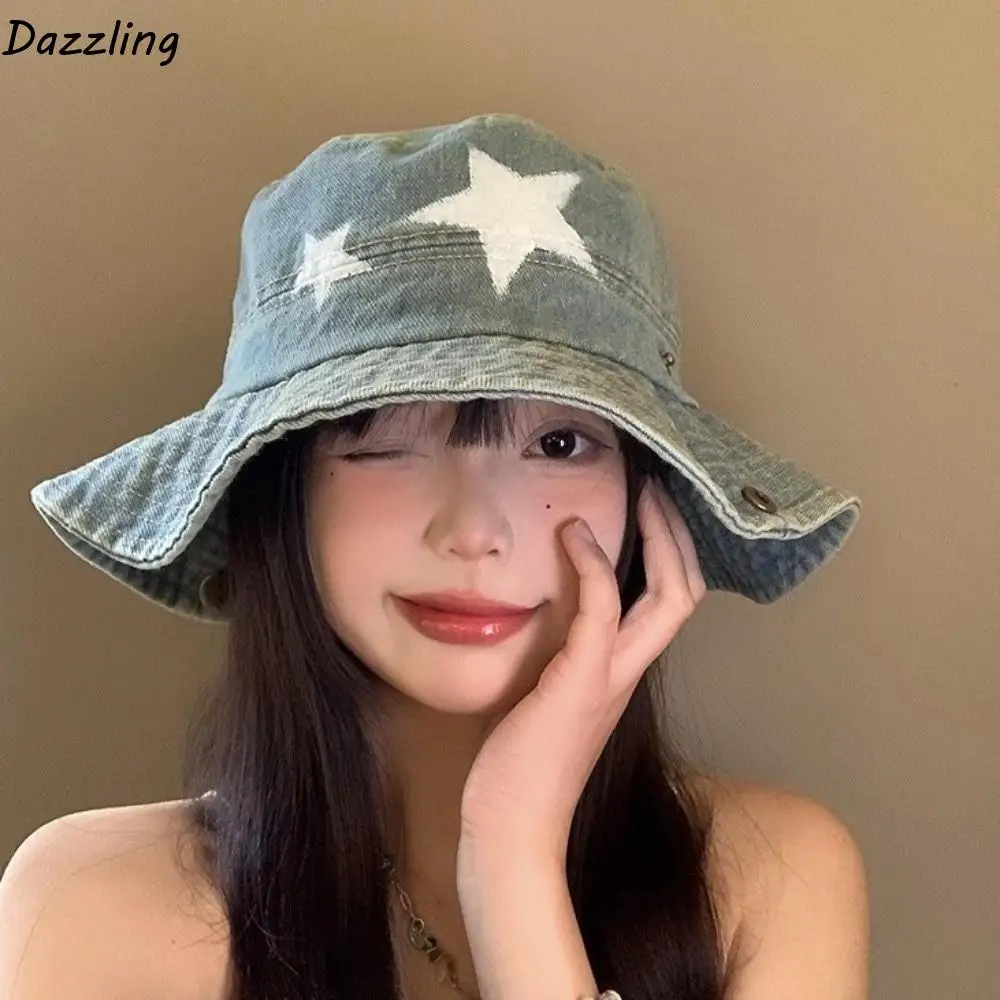

Fashion Denim Star Fisherman Hat Wide Brim Adjustable Western Cowboy Hat Y2K Sunshade Mountaineering Hat Travel