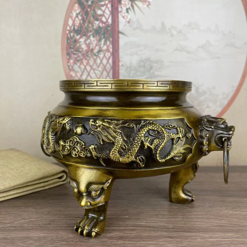 Copper Brass Household Indoor Offering Buddha God Of Wealth Double Dragon Three Legs Incense Burner Large