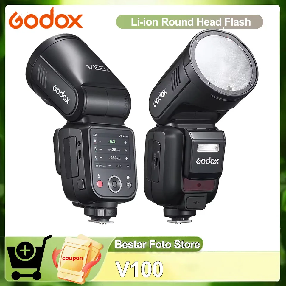 Godox V100 TTL Li-ion Round Head Camera Flash Light with 100Ws On-Camera Beyond Limits 70 Full Power for Sony E Canon NIkon Z