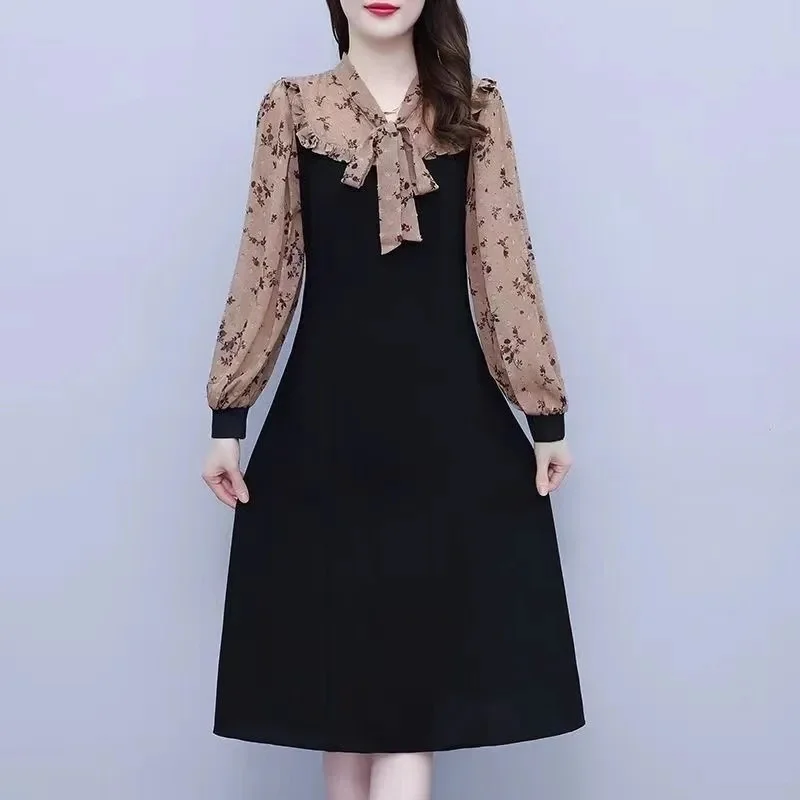 

Women 2024 Spring and Autumn Fashion Season New Ribbon Mosaic Dress for Middle-aged Mom with Western Style for Age Reduction