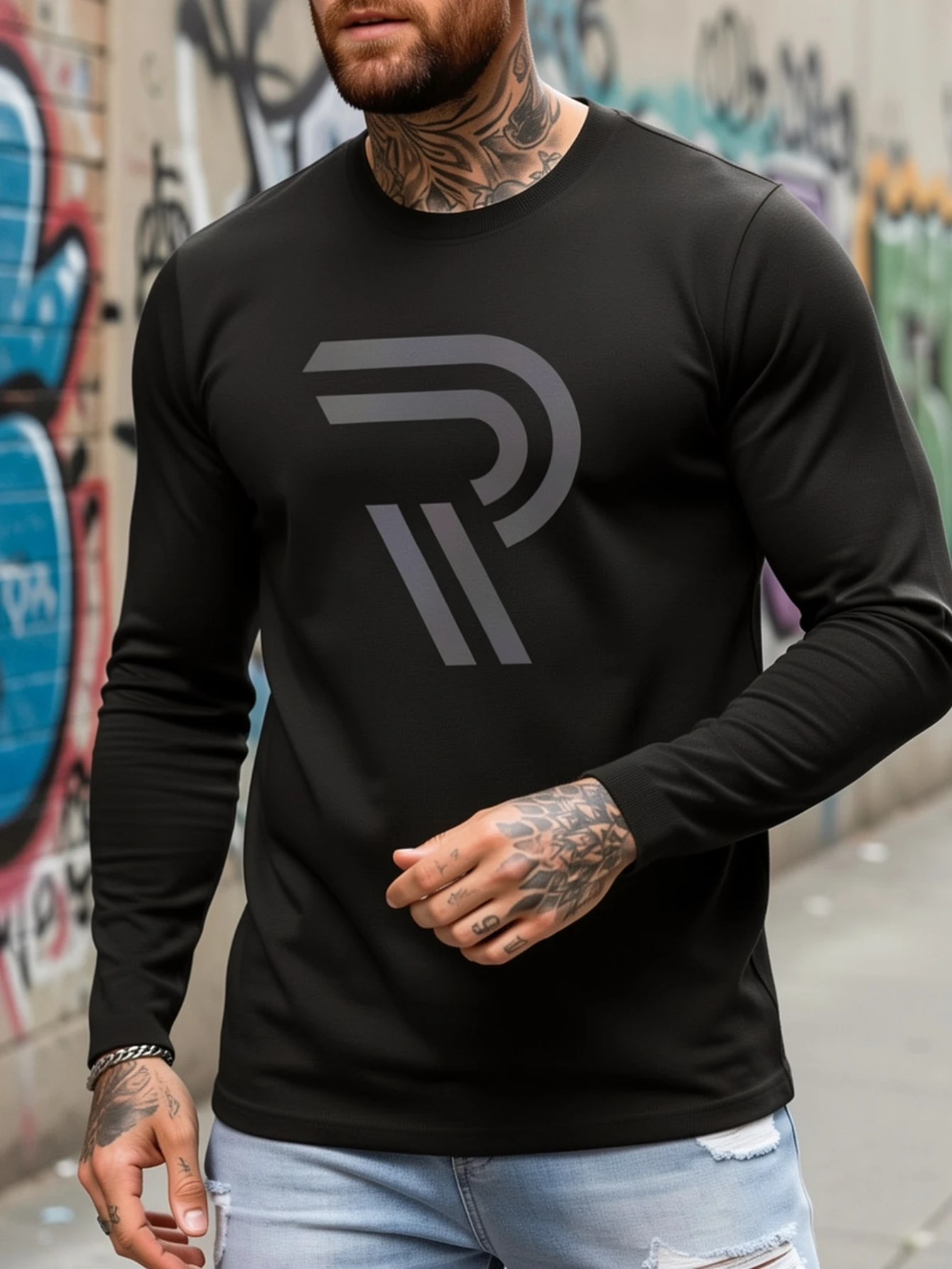 Mens Plus Size 100% Cotton Long Sleeve T Shirt Crew Neck Simple Mountain Peak Print Comfortable Versatile Casual Base Tee Autumn